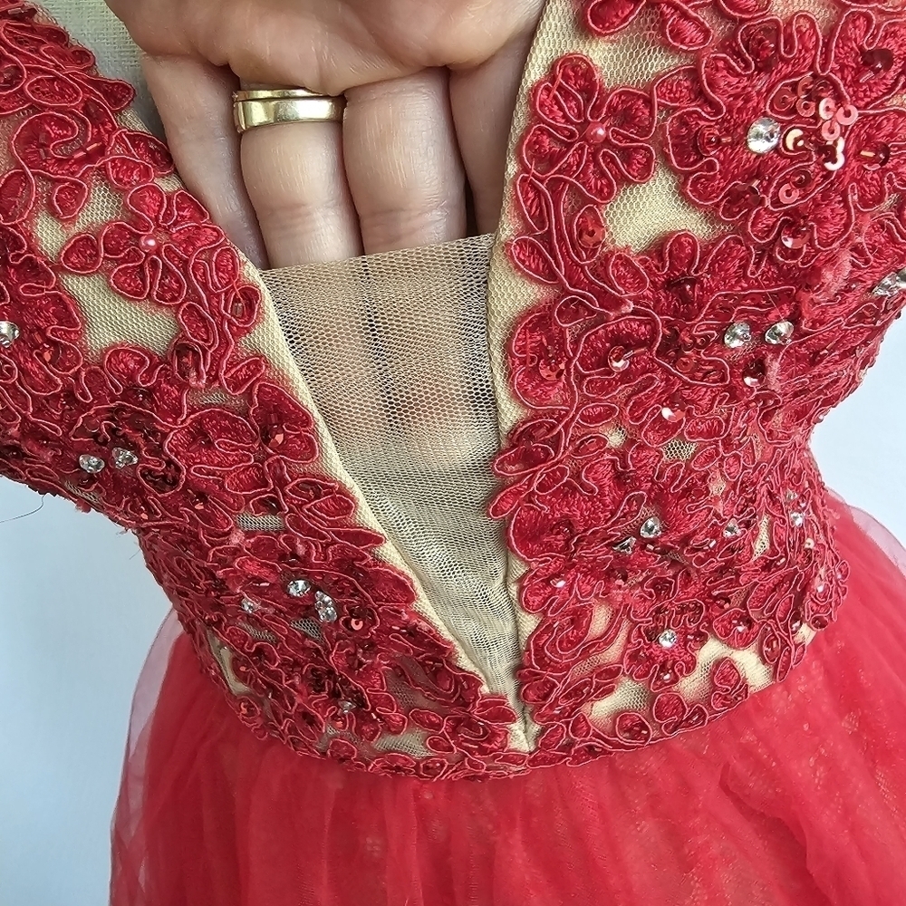 Sherri Hill Red & Nude Tulle Lace Maxi Dress - Picture 9 of 16